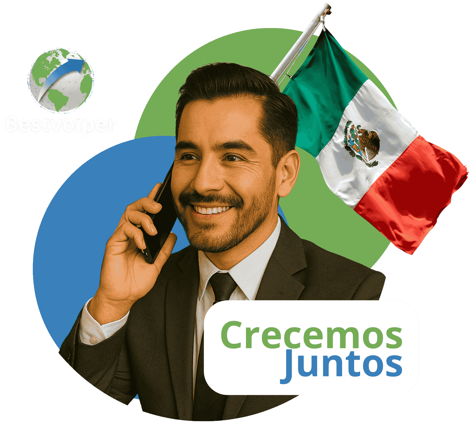 empresario mexicano hablando por telefono y con la bandera de mexico en el fondo