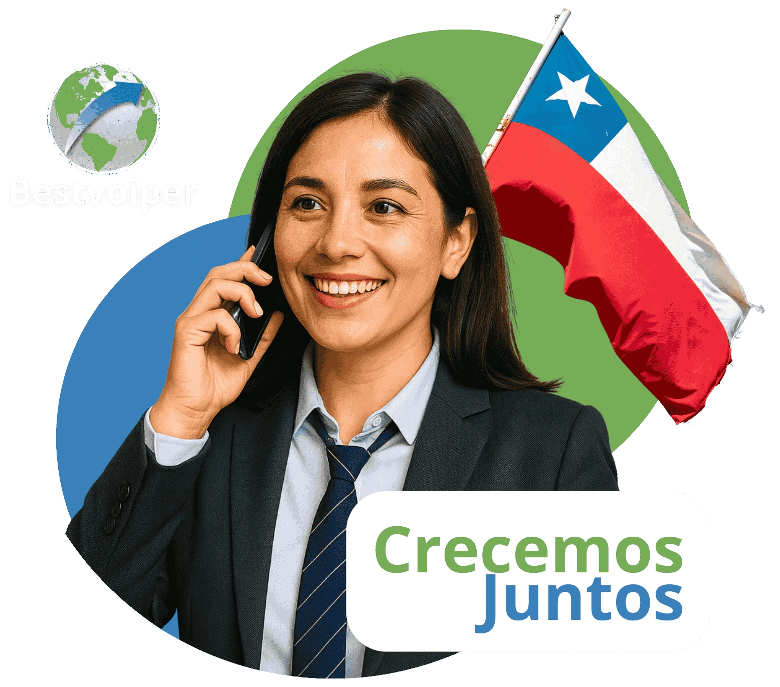 empresaria chilemna llamando por telefono y con la bandera de chile de fondo