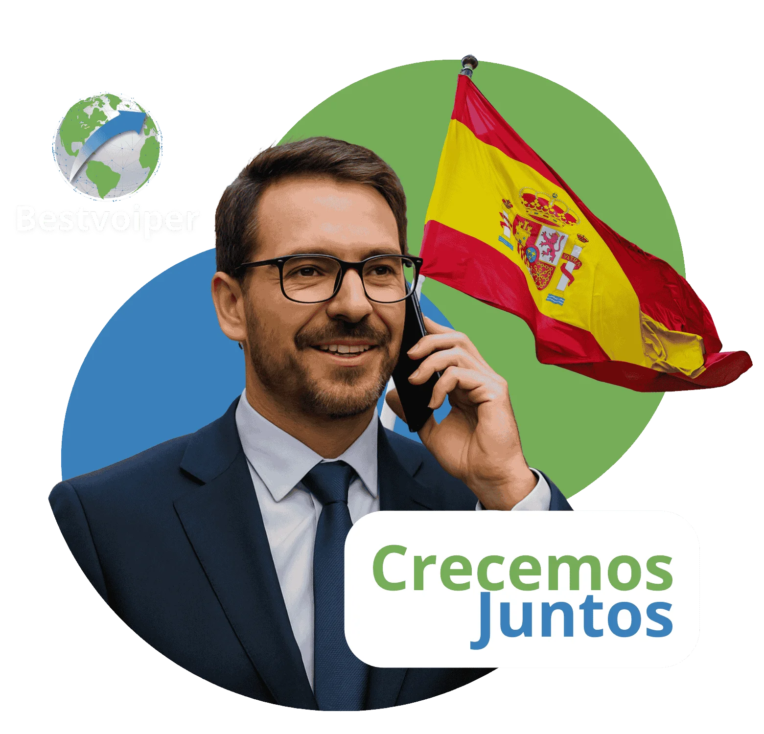 empresario con rasgos europeos hablando por celular y la banddera de españa de fondo