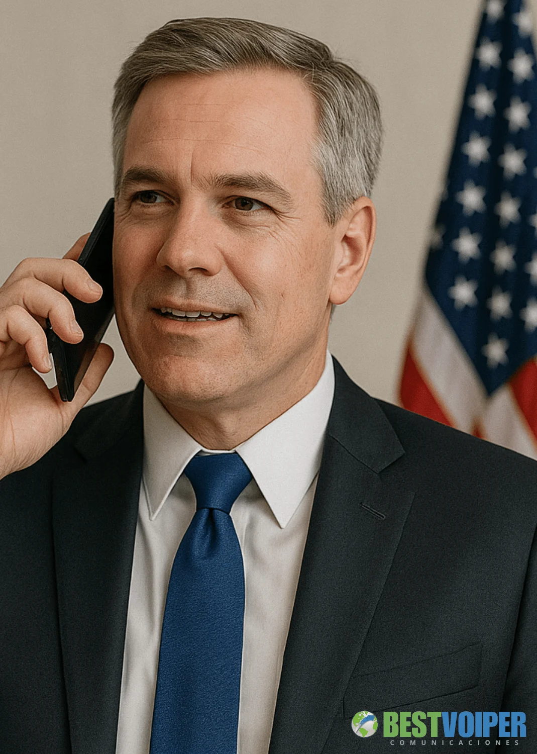 Businessman talking on the phone with the United States flag in the background