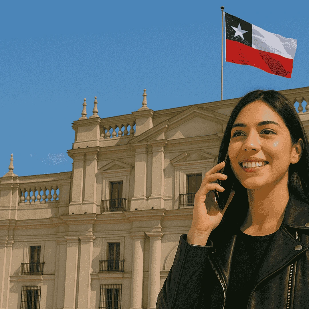 mujer llamando por telefono con palacio de la moneda de fondo en chile