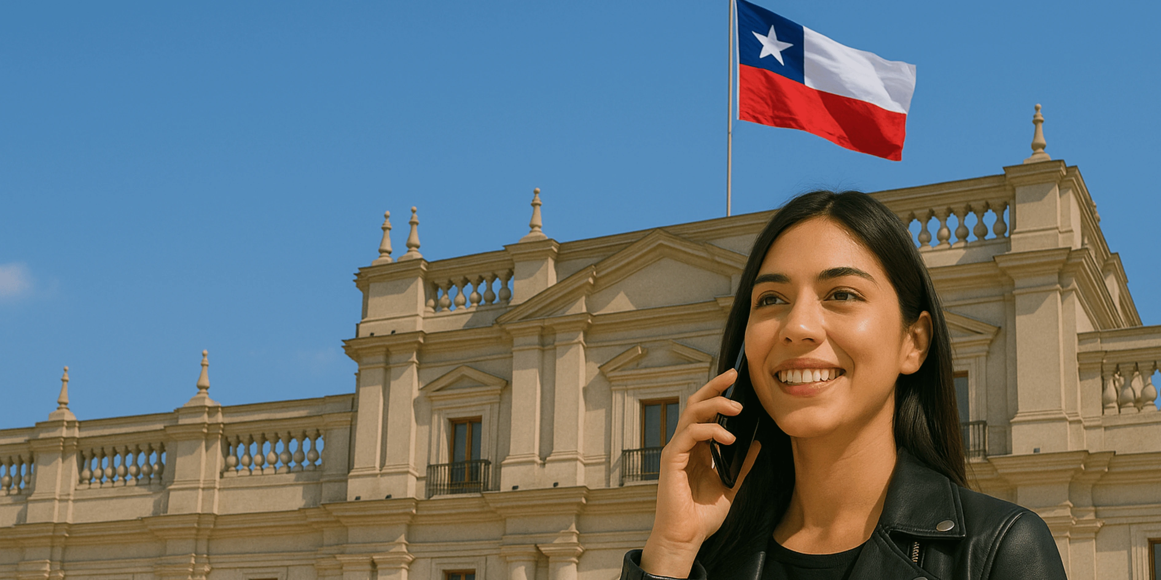 mujer joven llamando por telefono con palacio de la moneda de fondo en chile