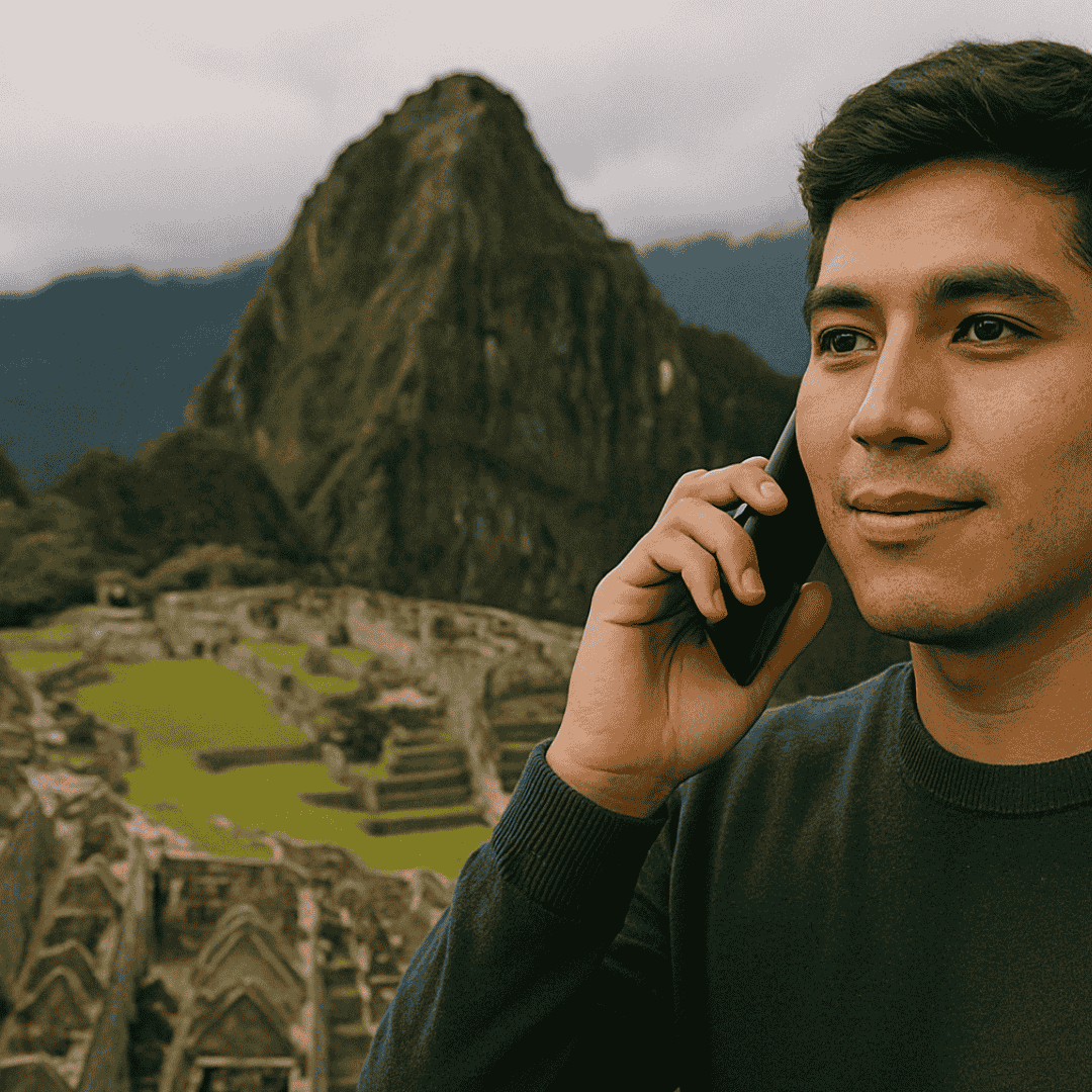hombre joven peruano hablando por telefono con machu picchu de fondo