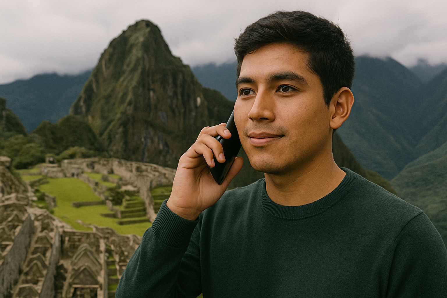 hombre joven peruano hablando por telefono con machu picchu de fondo
