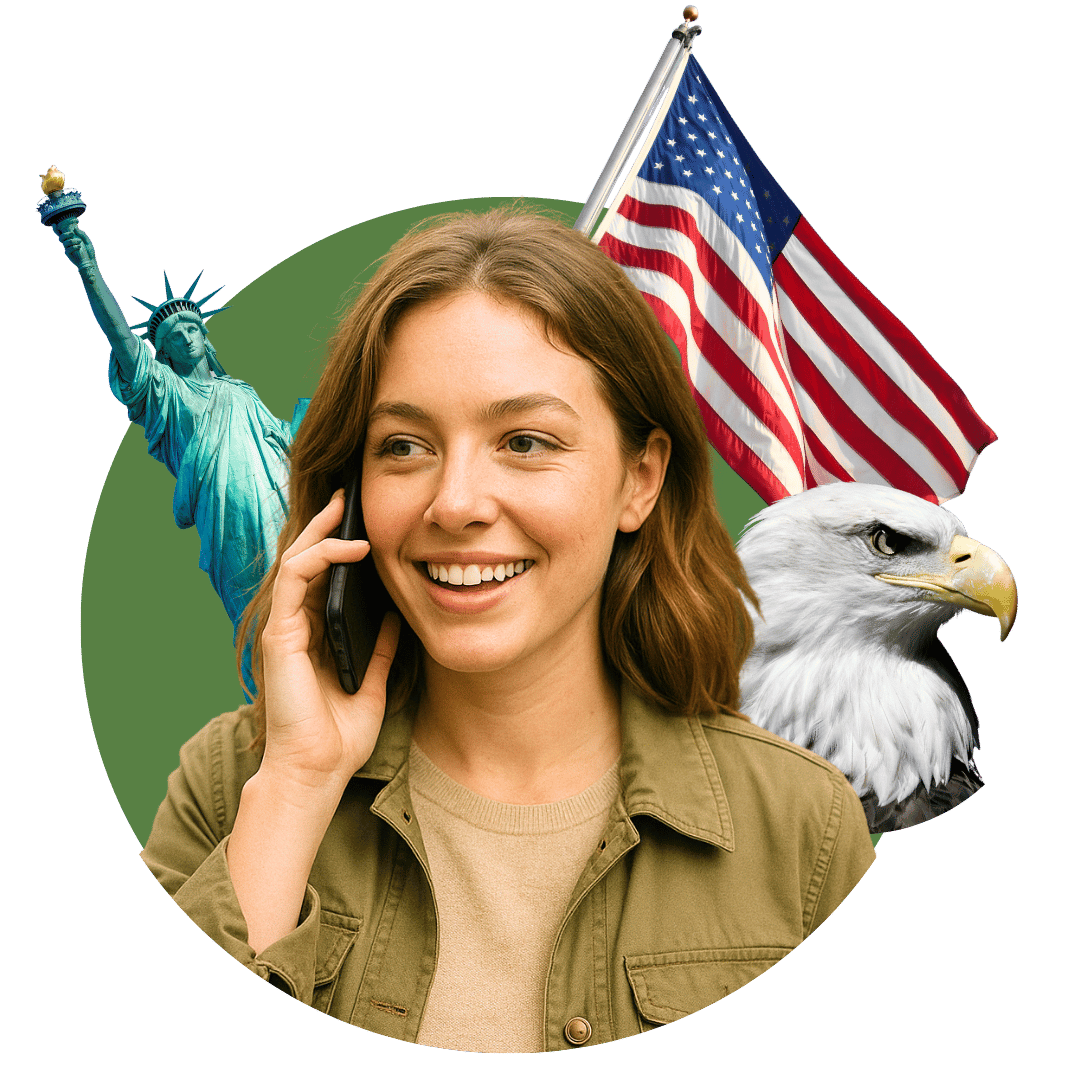American woman talking on the phone with the Statue of Liberty, a bald eagle, and the United States flag in the background