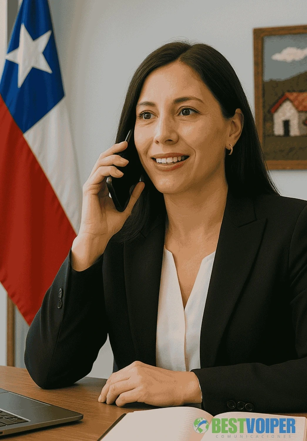 empresaria llamando por telefono con bandera de chile en el fondo