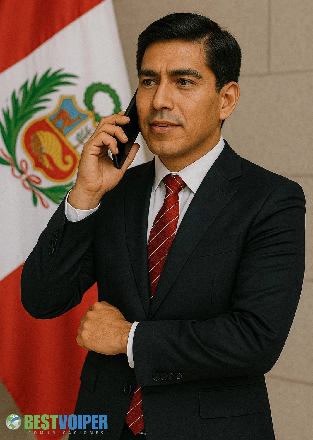 empresario llamando por telefono desde su oficina con la bandera de peru de fondo
