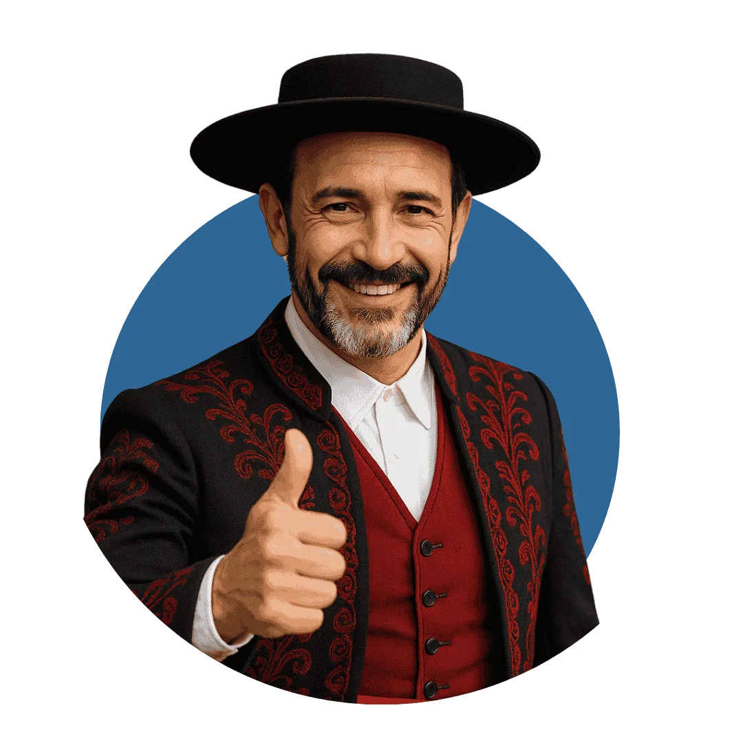 hombre con traje tipico español, sombrero y los pulgares arriba
