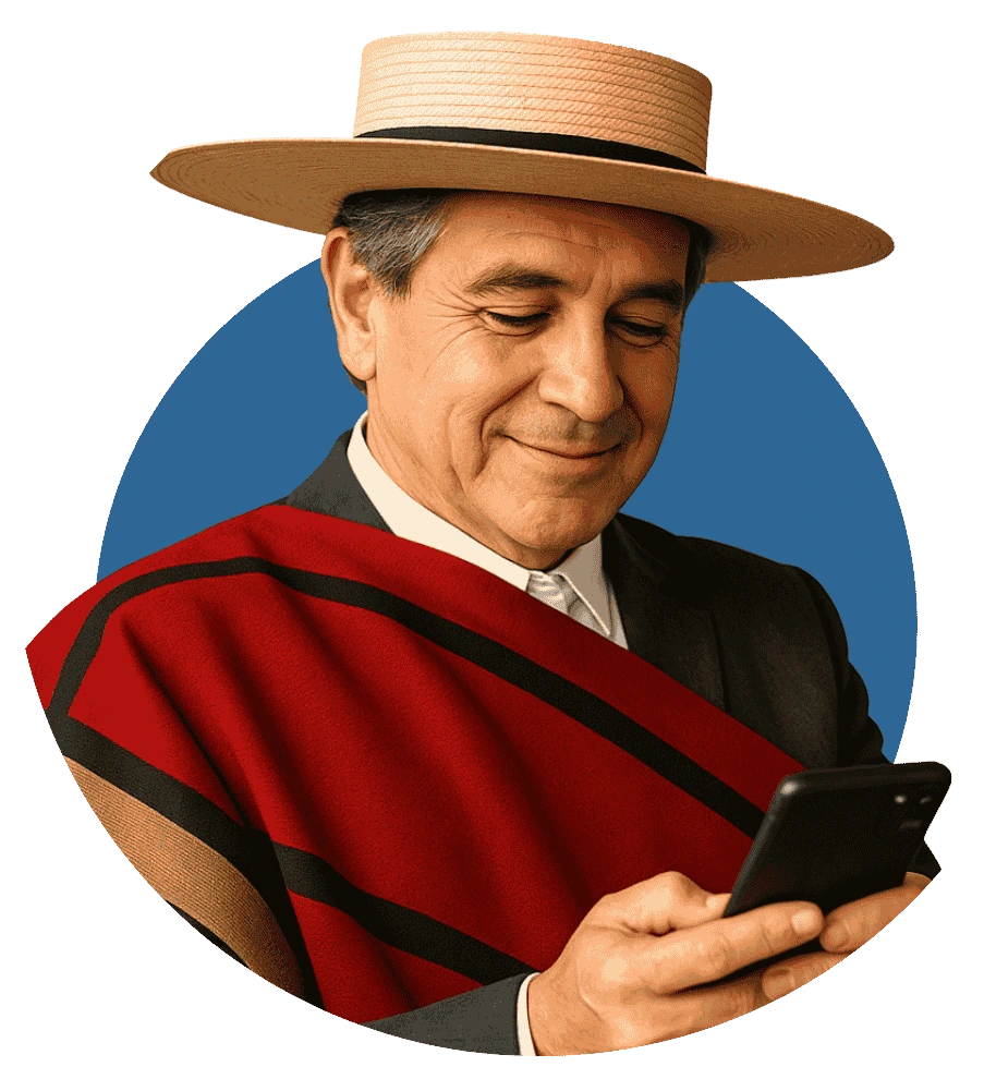 hombre con traje tipico chileno mirando mensajes  de texto