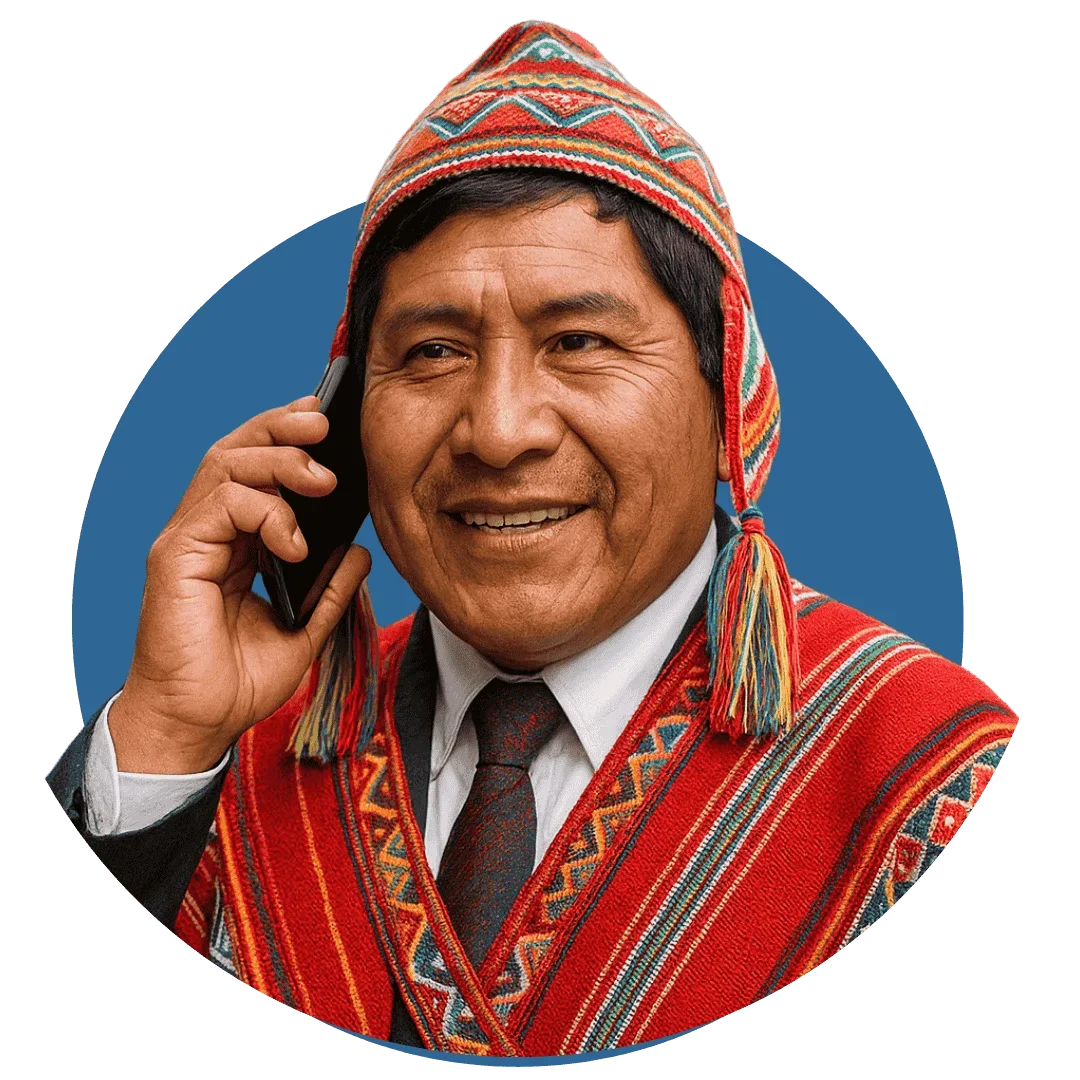 hombre con traje tipico peruano llamando por telefono
