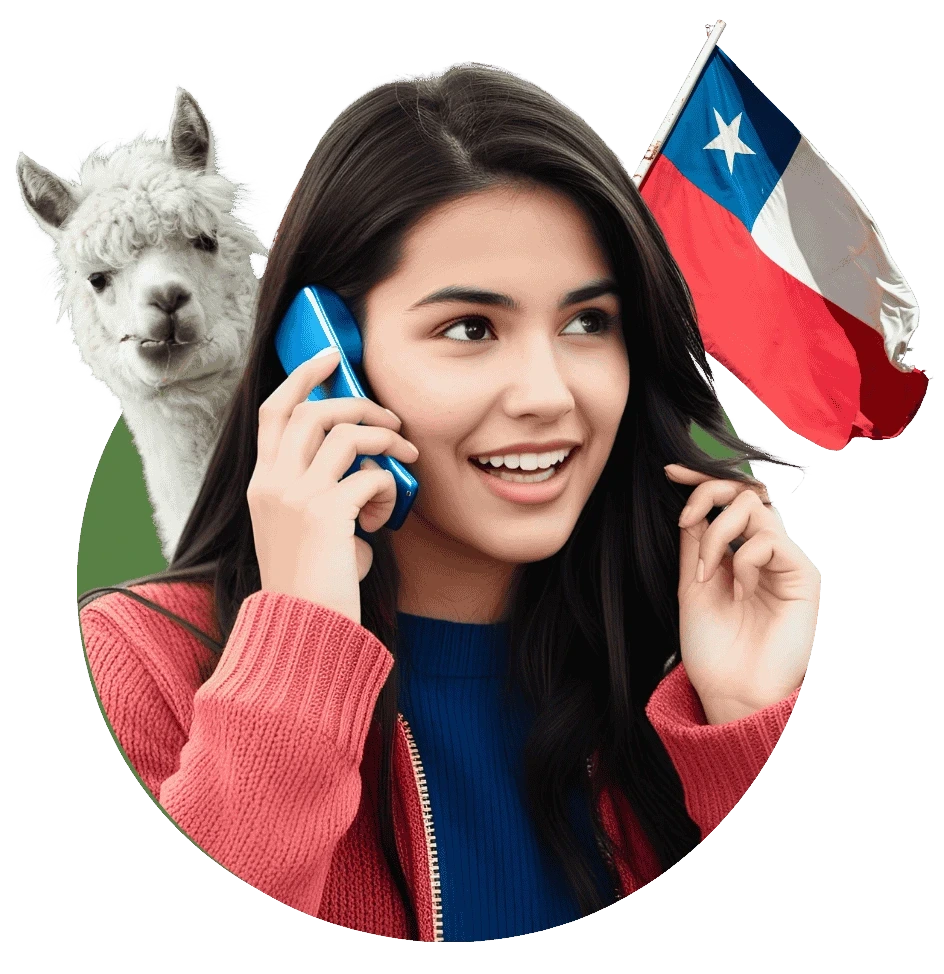 mujer joven con rasgos chilenos hablando por telefono con una llama y la bandera de chile de fondo