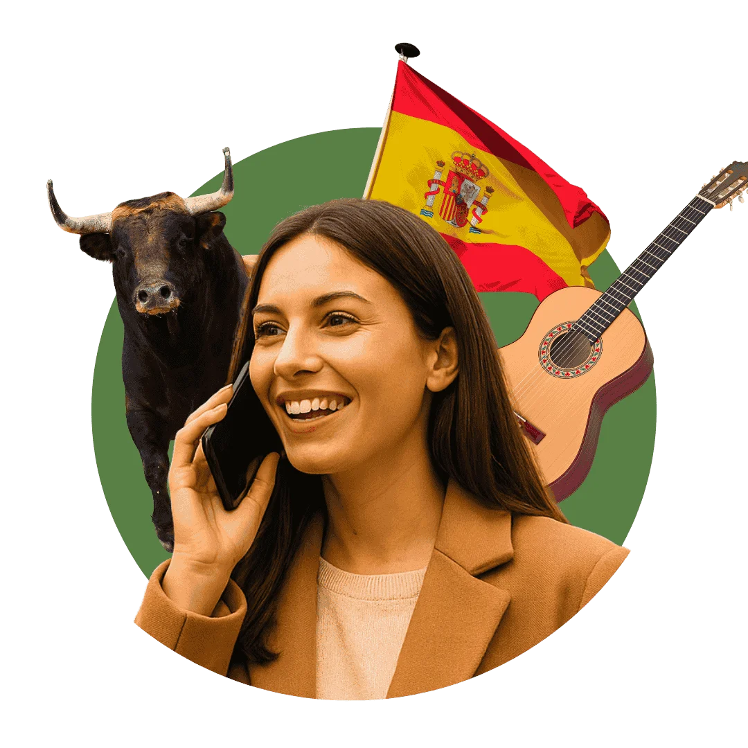 mujer con rasgos español y elementos alusivos a la cultura española como lo es el toro, la guitarra y la bandera
