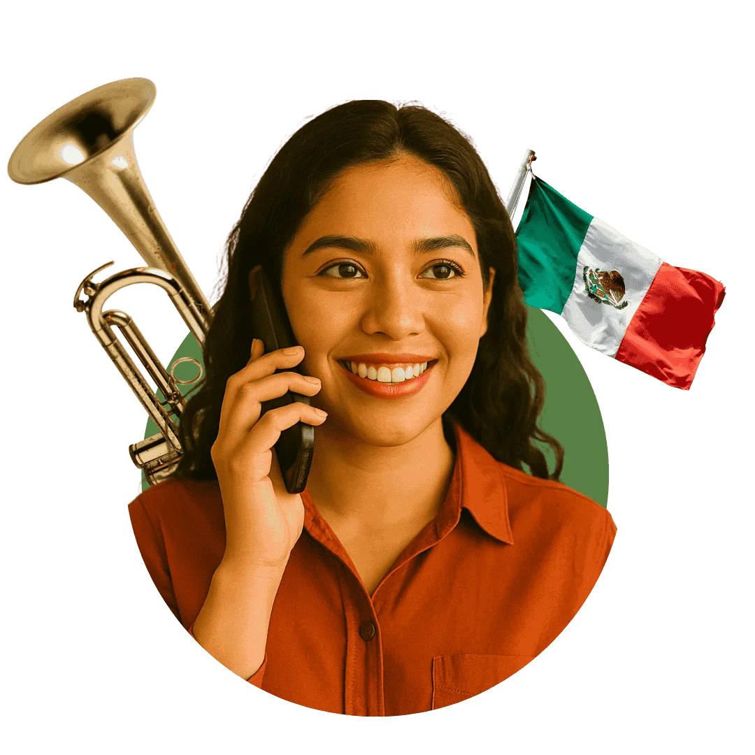 mujer joven llamando por telefono y con elementos alusivos a la cultura mexicana, como lo es la trompeta y la bandera