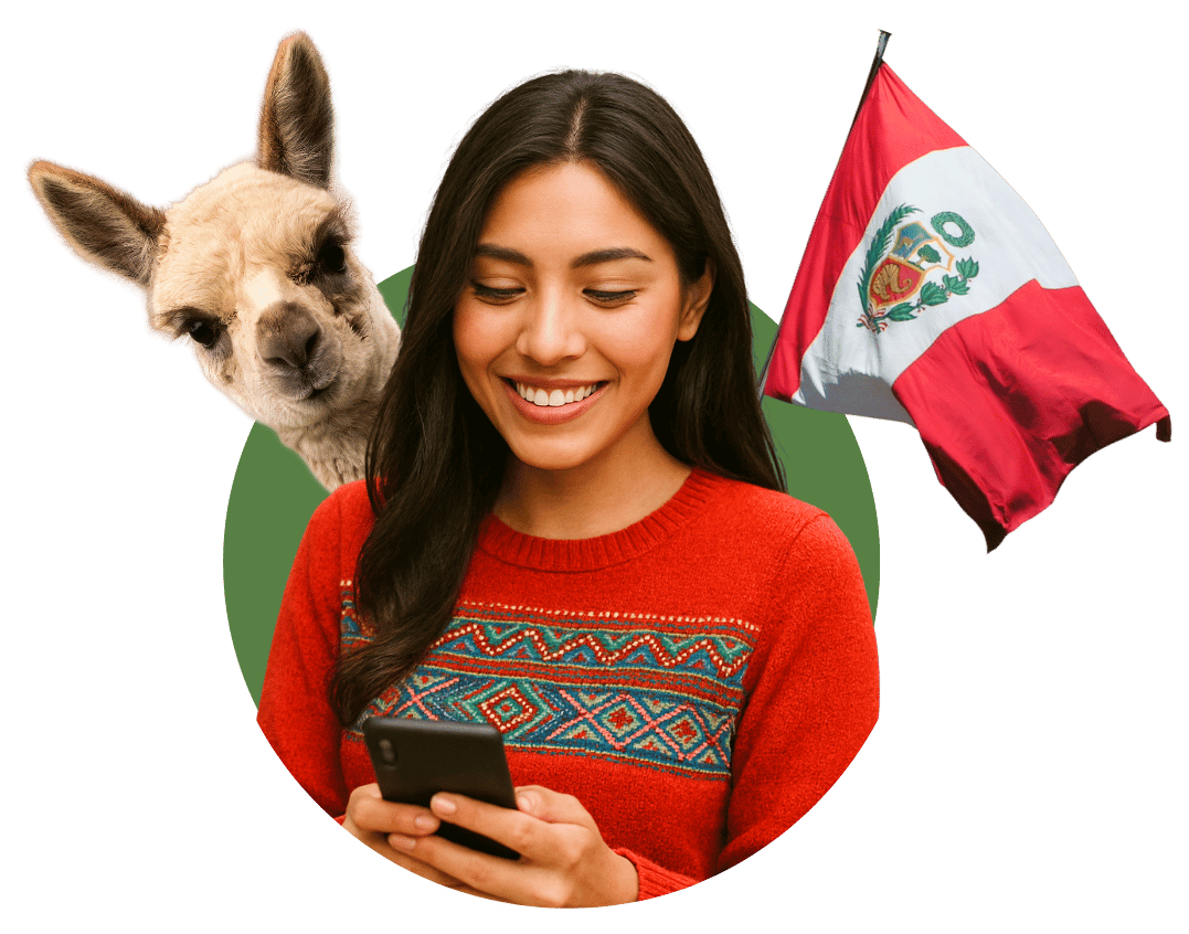 mujer joven peruana texteando en su celular, con elementos tradicionales de la cultura peruana de fondo