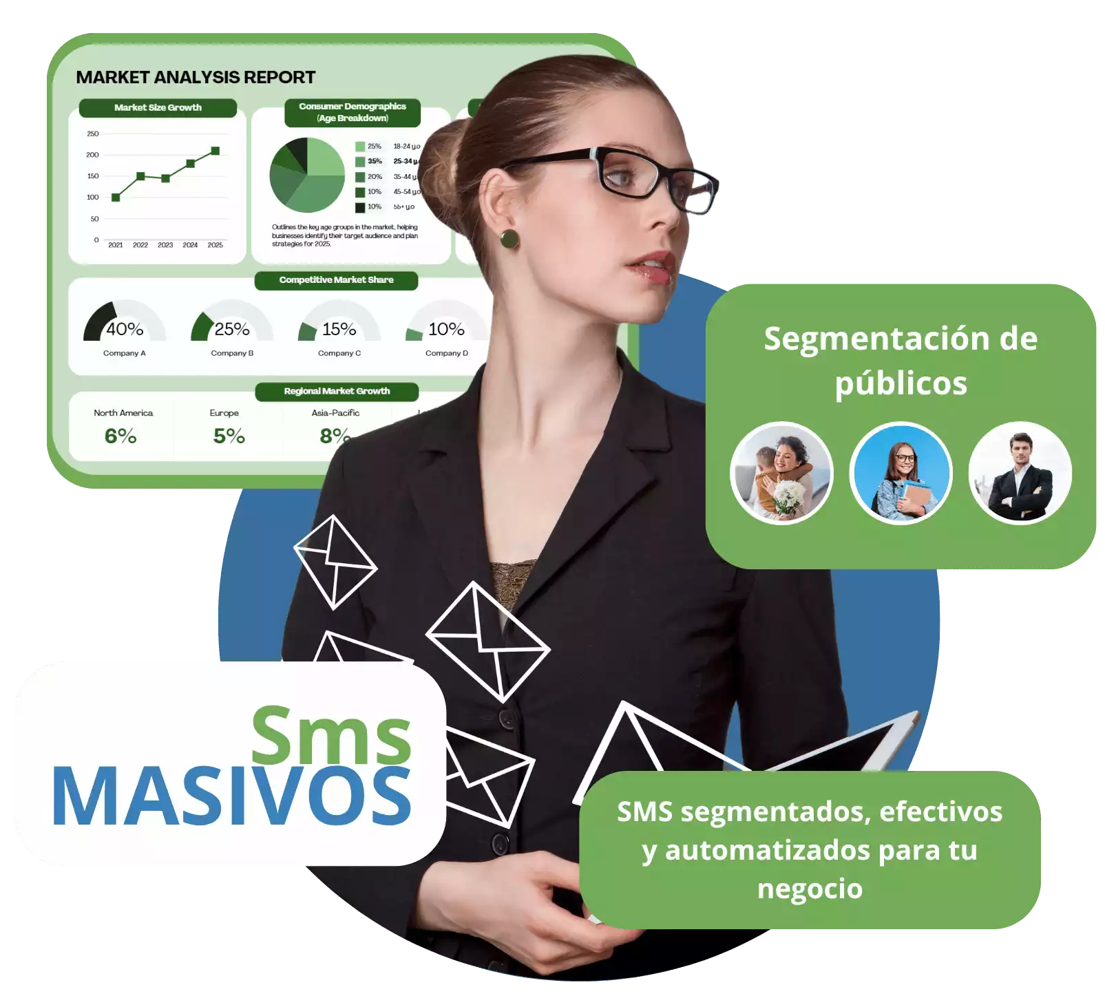 Mujer sosteniendo una tableta con mensajes entrantes y salientes