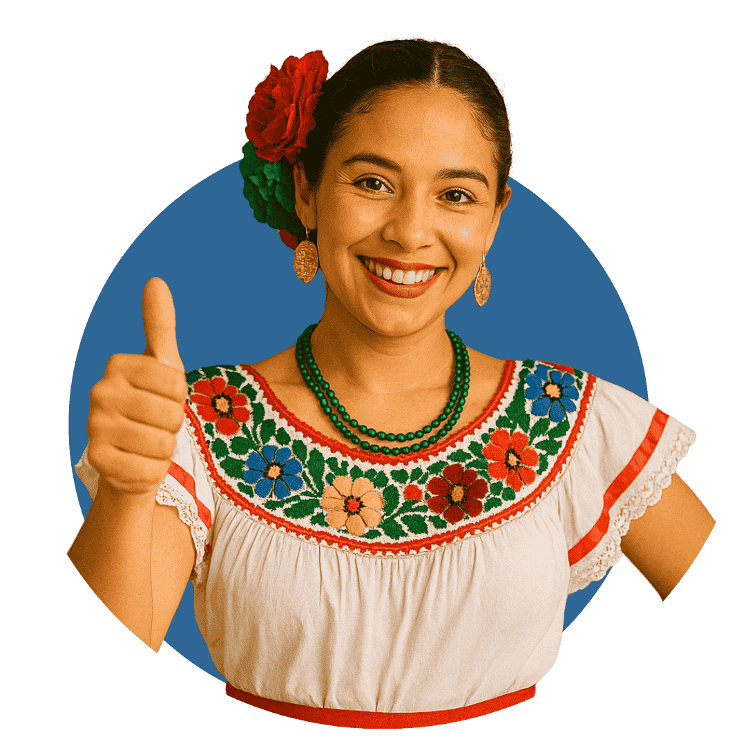 mujer con traje tipico mexicano y pulgares arriba