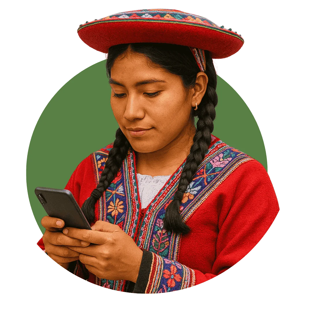 mujer peruana coin traje tipico mirando mensajes de texto