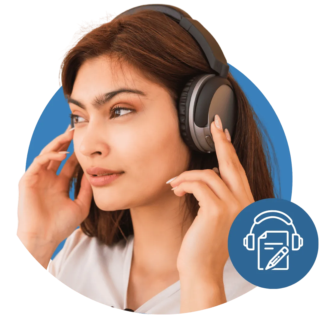 Mujer escuchando grabaciones de llamadas con icono alusivo a transcripcion de llamadas
