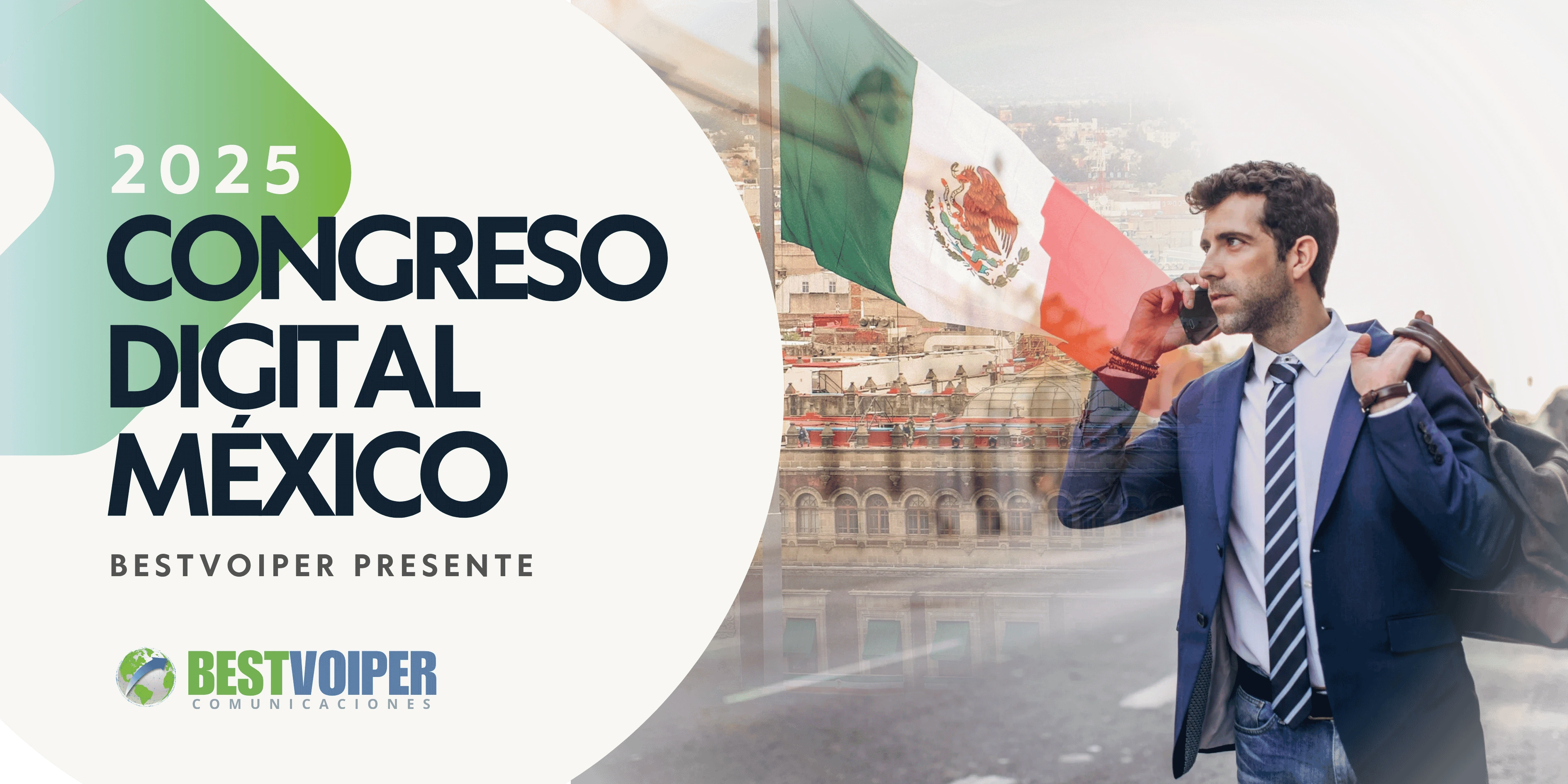 banner con letras a la izquierda y un empresario planeando su viaje a Mexico a la derecha