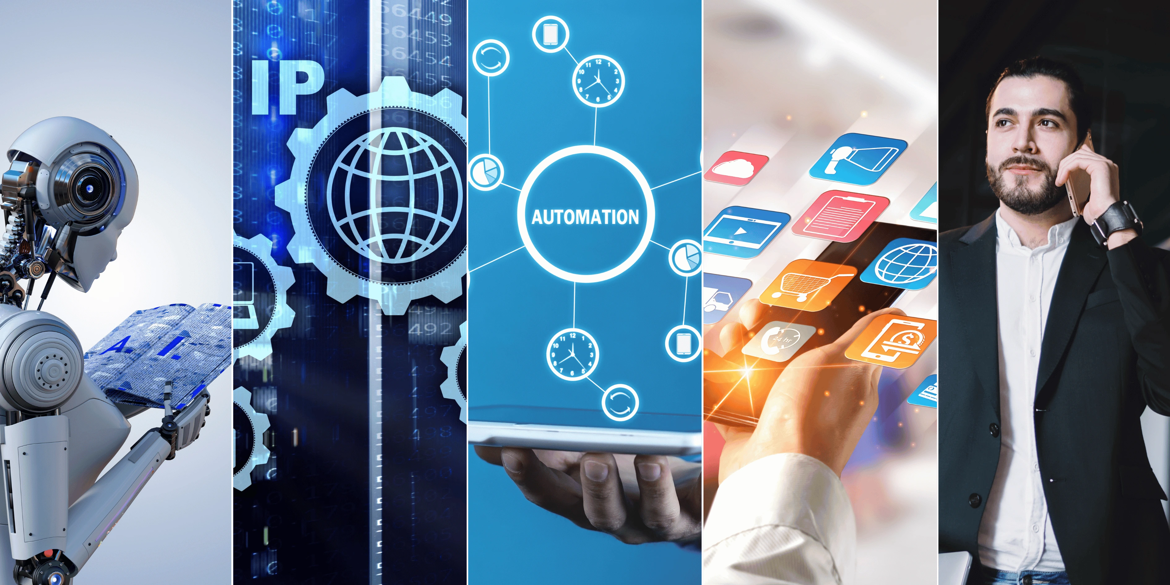 composición gráfica en la que  se muestran imágenes relacionadas a la inteligencia artificial, la automatización y la telefonía voip en el entorno empresarial